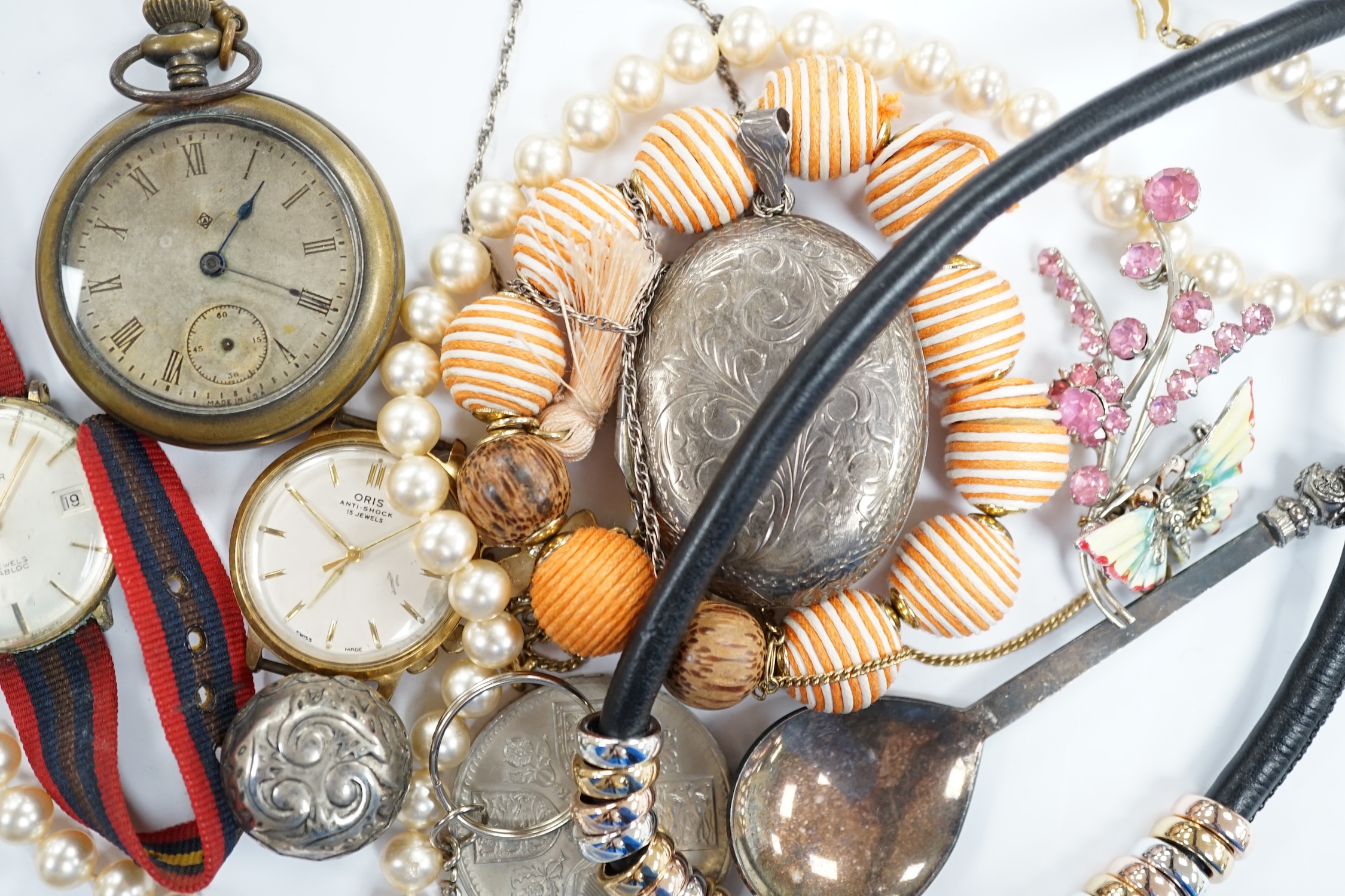 A quantity of assorted costume jewellery and other items including wrist watches, pocket watches and coins.